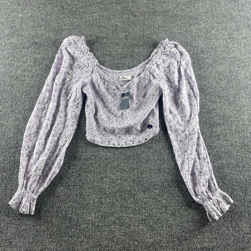 Hollister Blouse Womens S Purple Floral Long Sleeve Cropped Smocked Peasant Top